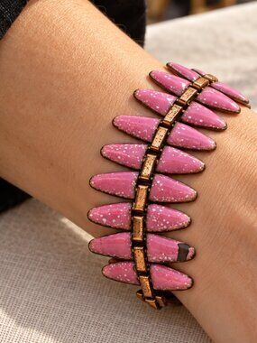 Vintage Matisse Renoir Pink Speckled Enamel Copper Link Bracelet 7” Signed